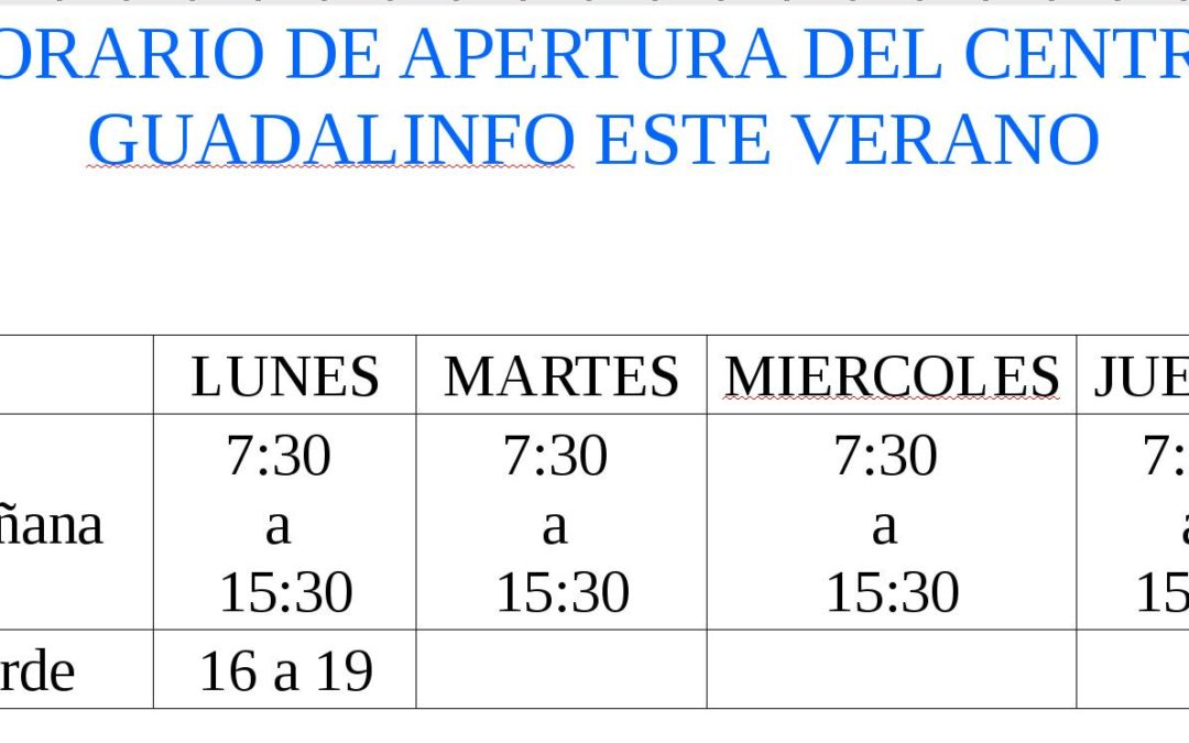 Horario de apertura de Guadalinfo de Jamilena para este verano