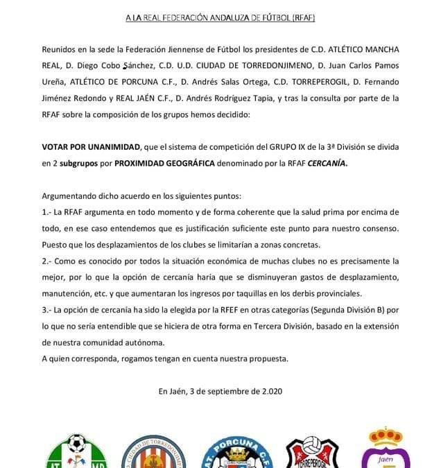 Torredonjimeno, Mancha Real, Porcuna, Torreperogil y Real Jaén piden que el subgrupo sea por cercanía geográfica