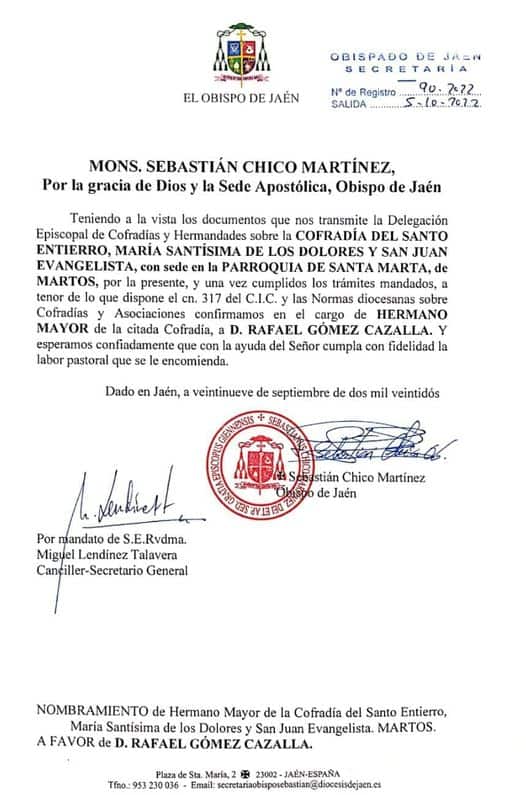 Ratificado el nuevo Hermano Mayor de la Hermandad del Santo Entierro de  Martos - VIVIR JAEN