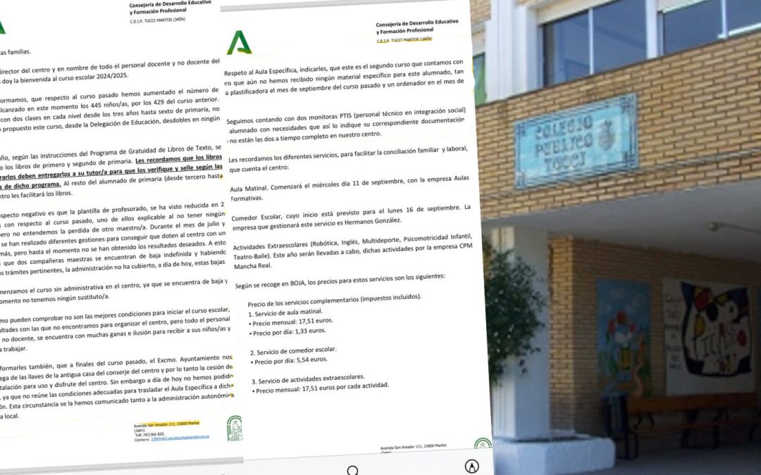 La carta que el director del CEIP Tucci mandó a los padres: «dos maestras de baja sin que se cubran» y «el Aula Específica no la podemos usar»
